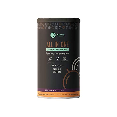 Preisvergleich Produktbild Yuicery All in One - Vegan Protein -Pflanzliches Eiweißpulver mit ausgezeichnetem Geschmack & Superfoods - Gut verträglich, laktosefrei - Premium Protein Pulver vegan 450gr Maracuja