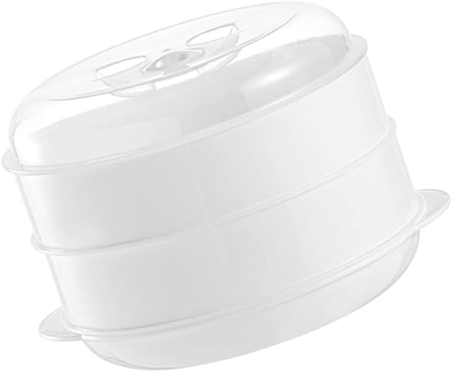 HEMOTON 2- Tier Microwave Steamer Healthy Cooking Heating Steamer Quick Fast Vegetable Fish Pasta Rice Steamer Pot Cookware for Home Kitchen White