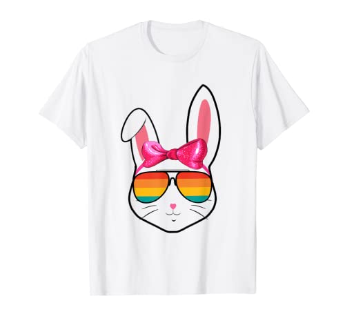 Linda camisa de conejito con gafas Divertido Pascua Mujeres Niño Camiseta