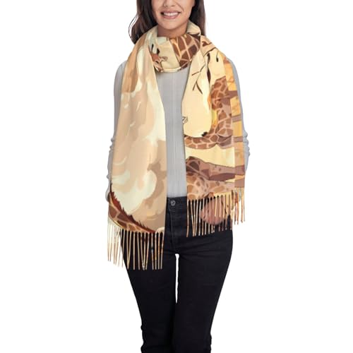 Giraffe Mother And Child Print Tassel Scarf - Stylish And Cozy Accessory For Spring, Autumn, And Winter, 78