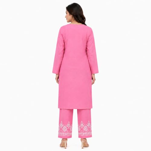 Image of Women's Chikankari Embroidered Straight Kurta with Palazzo Set, Traditional Kurti Bottom Set |Round Neck Full Sleeve Outfit for Daily,Office, Festive & Casual