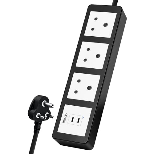 Image of MX 65W Extension Board PD GaN Charger Super Fast Charging 2 Type-C, 3 Indian 6A Sockets (2600W) Multiport Desktop Power Strip for iPhone Android Laptop Tablet 50% in 30 mins 1.5M Cable
