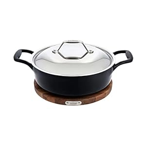 All-Clad Cast Iron Enameled Deep Skillet with Acacia Trivet 10 Inch Induction Oven Broiler Safe 650F Pots and Pans, Cookware Black