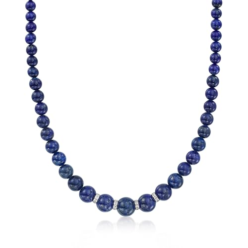 Ross-Simons Lapis Bead Necklace With .24 ct. t.w. Diamonds in Sterling Silver. 18 inches