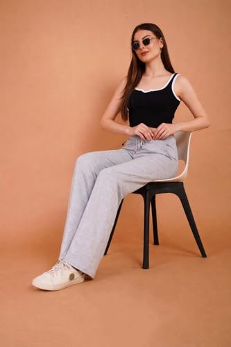 Image of Women's Relaxed Fit Grey Trouser, Straight Fits High Waist Pants with Pockets for Sporty & Casual Look