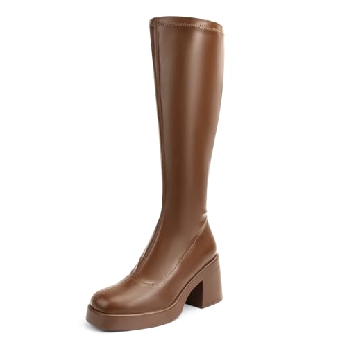 Knee High Boots for Women GoGo Boots Platform Square Toe Womens Chunky Heel Side Zipper Boot