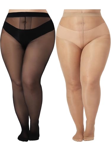 Image of Plus Size Sheer Black Tights for Women T-Crotch 20D Ultra Thin Pantyhose High Waist Stockings 2 Pairs