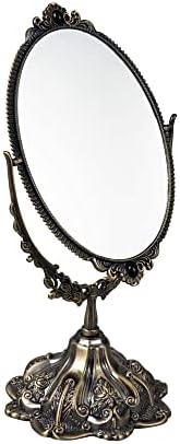 Feyarl 11.2 inch Metal Vintage Makeup Mirror Floral Tabletop Oval Vanity Swivel Double Sided Mirror with Stand Elegant Decorative for Dressing Room Bedroom (Bronze)