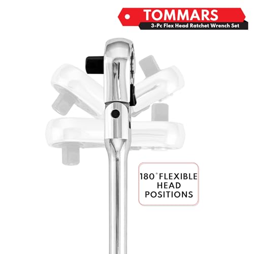 Image of TOMMARS Flex Head Stubby Ratchet Set, 1 /4 inch, 3 /8 inch, 1 /2 inch Socket Wrench Kit | Mechanic Hand Tool, Flexible, 72 Tooth 5-degree swing arc, Quick Release, Reversible