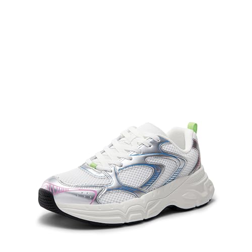 DREAM PAIRS Women's Platform Chunky Fashion Sneakers Walking Lace-Up Celi Comfortable Y2K-Style Sneakers Workout Sport Work Casual Tennis Shoes,Size 8,Silver/White,SDFN2429W