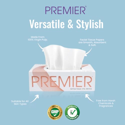 Image of Premier Box Tissue Paper 2 Ply | 800 Pulls, 1600 Sheets | 200 pulls x 4 Packs | Super Absorbent Soft Facial Tissue Box | Suitable for Home, Office, Travelling | Car Tissue Box - White