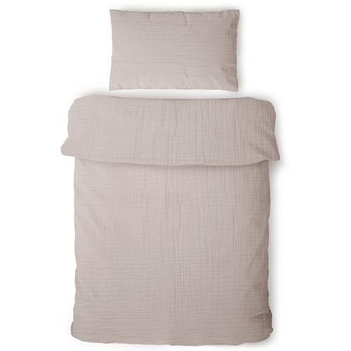 LAYNENBURG Premium Musselin Kinderbettwäsche 100x135 cm + 40x60 cm – 100% Baumwolle – Oeko-Tex Standard – 3 lagiges Musselin Bettwäsche Set für Baby, Kinder, Jungen & Mädchen (Taupe)
