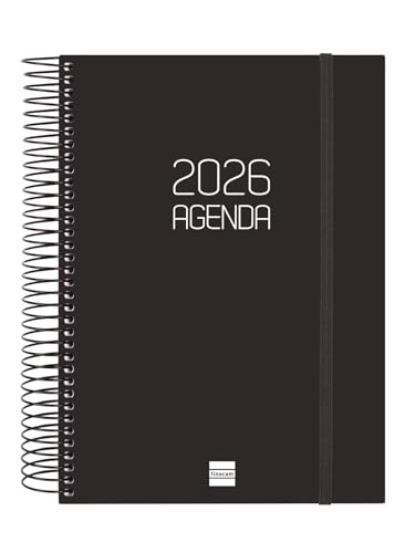 Finocam - Agenda Espiral 2026 1 Día Página | Enero - Diciembre (12 meses) | Agenda Anual 2026 con goma | Tapa de polipropileno Espiral Opaque - Negro - Español