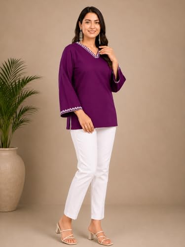 Image of Rayon Solid Straight Kurti Top for Women | V-Neck Ethnic Tunic | Neck and Sleeve Border | Stylish Casual Office Wear Short Kurti for Women