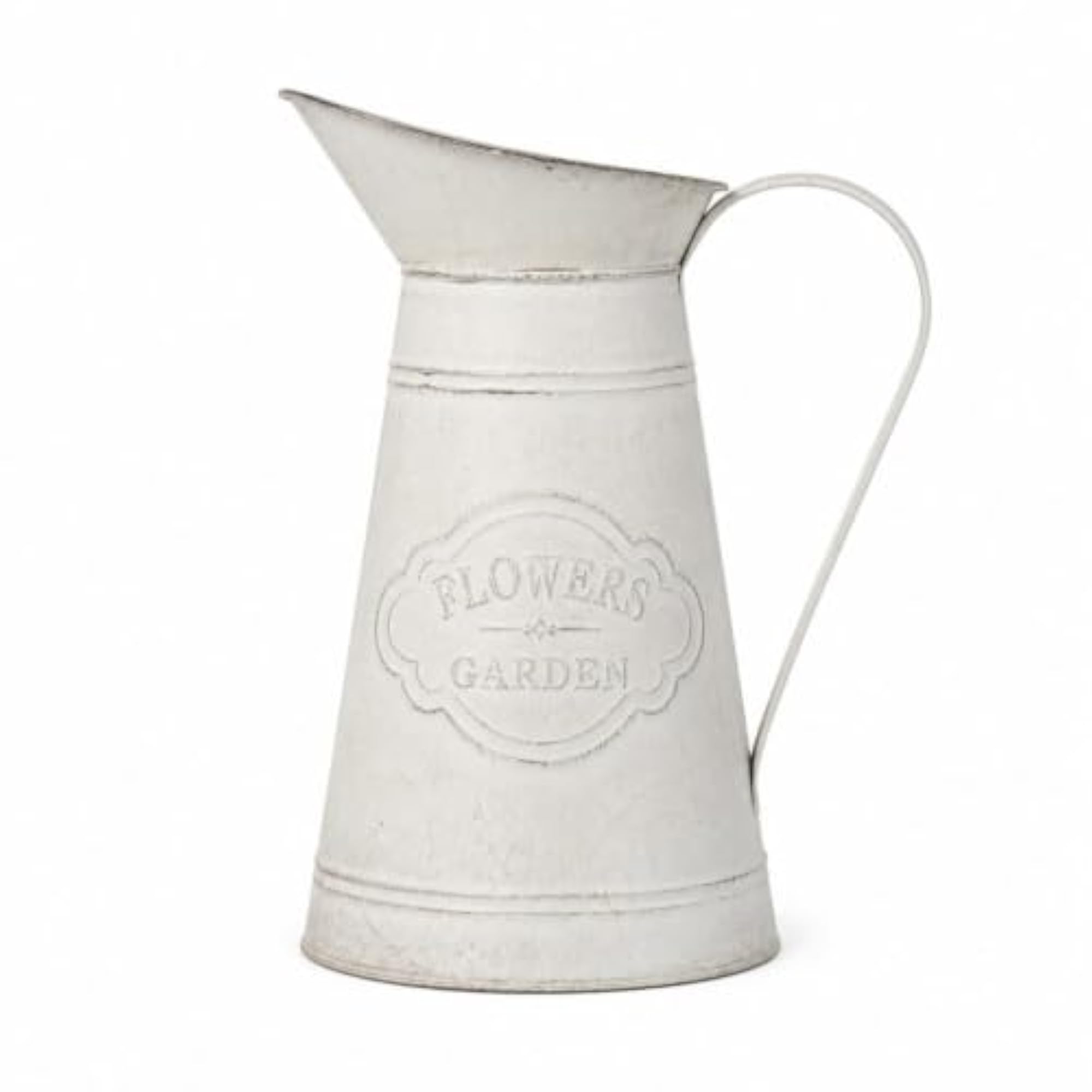 White Pitcher with Handle, Distressed Flower Vintage Jug