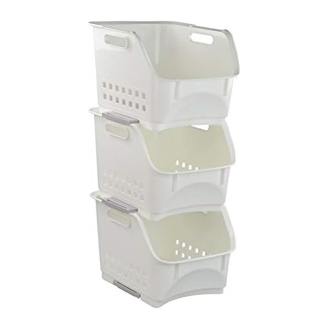 Zerdyne 3 Packs Plastic Stacking Storage Basket, White Stackable Storage Rack Baskets Cover