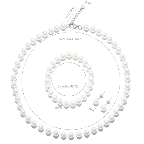White 8mm Faux Hand Knotted Glass Imitation Pearls Necklace Earring Jewelry 3 Set for Women and Girls2