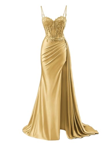 Vestidos de dama de honor de satén para mujer para boda con vestidos de noche formales de sirena de limo, talla grande, dorado, 48