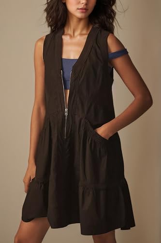 Summer Sleeveless Half Zip Mini Dress for Women Casual V Neck Loose Tank Dress Solid Swing Short Dresses with Pockets2