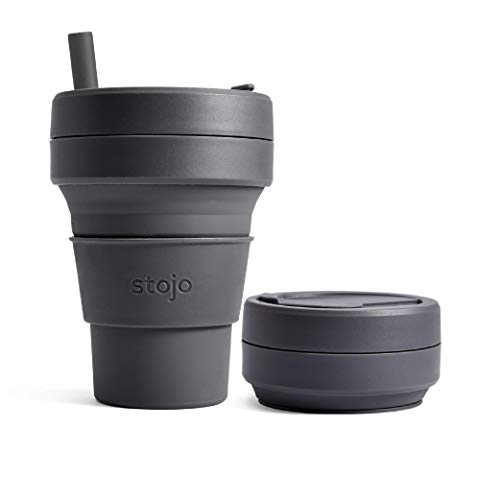Stojo Collapsible Coffee Cup | Reusable To Go Extra Large Travel Cup – Carbon Gray, 24oz / 710ml | With Straw