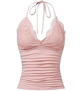 MakeMeChic Women's Lace Halter Top Y2K Low Cut Halter Tank Tops