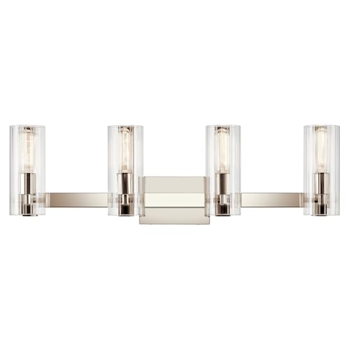 Image of Kichler Jemsa 4-Light Bathroom Vanity Light Fixture with Clear Fluted Glass in Polished Nickel, Modern Wall Mount Light for Bathroom Over Mirror (9.75 inch x 32 inch), 55169PN