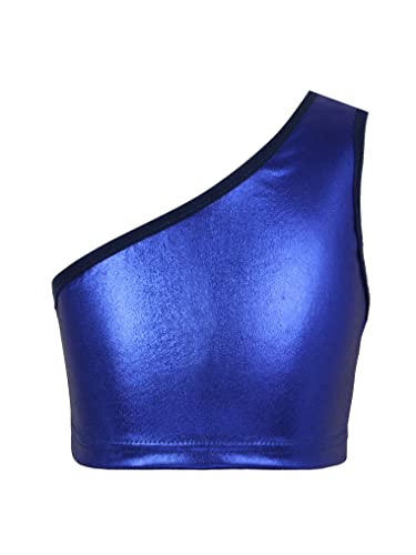 YEAHDOR Kids Girls Shiny Metallic Dance Crop Tops One Shoulder Crop Tank Top Hip Hop Street Dance Clothes Royal Blue 4-6 Years