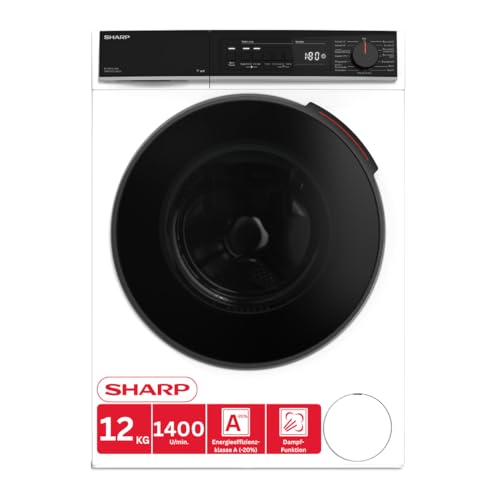 SHARP ES-PRO214WA-DE Waschmaschine Frontlader, 12kg, 1400U/min, Smarte Bedienung durch Veezy App, Dampffunktion, Inverter, 15 Programme, AquaStop, Weiß