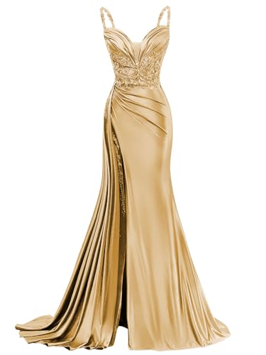 SOLODISH Spaghetti Straps Satin Mermaid Prom Dresses Long Lace Applique Formal Evening Gown