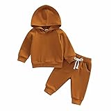 Infant Baby Boys Pants Set Hooded Solid Sweatshirt Top Pocket Elastic Waist Pants 2Pcs Outfits Fall Winter Suit (Brown,6-12 Months)