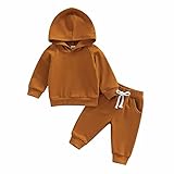 Thorn Tree Infant Baby Boys Pants Set Hooded Solid Sweatshirt Top Pocket Elastic Waist Pants 2Pcs Outfits Fall Winter Suit (Brown,12-18 Months)