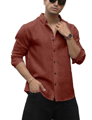 Image of NexaFlair Men's Shirt Regular Fit Solid Pattern Linen Cotton with Long Sleeve Collared Neck Standard Length and Button Down Closure Type | Mens Casual Shirts | Man's Formal Shirts