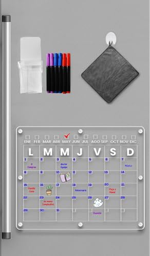 BuMart - Calendario para nevera magnetico - Calendario Mensual + Accesorios para tu frigorífico | Transparente | Pizarra nevera | XL
