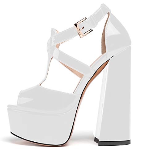 Eldof Womens Platform Chuncky Sandals High Heel 6” Ankle Strap Peep Toe T- Band Party Dress Casual Shoes