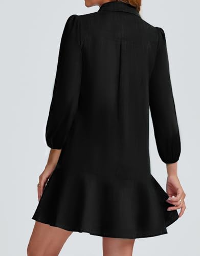 Image of YEXPINE Women Button Down Dress Casual 3 /4 Puff Sleeve Cotton Linen Dress Flowy Ruffle Hem Tunic Shirt Dresses