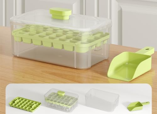 製氷皿 蓋付き こぼれない アイスキューブ アイストレー 氷の鋳型 氷シャベル付き ワンプッシュ 氷作る容器 保存ボックス 冷蔵庫 貯氷箱 取り出しやすい 冷凍保存 繰り返し使用可能 製氷道具 家庭用 業務用 (グリーン, 1層/28格)