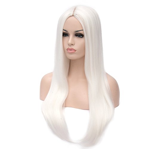 PORSMEER Perruque longue droite blanche pour femme, séparation centrale cheveux raides naturels perruques brésilienne synthétique résistante à la chaleur...
