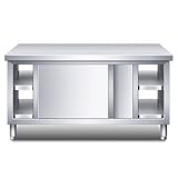 DHNDSDP Mesa Acero Inoxidable con Doble Puerta Corredera de Trabajo Encimera Cocina Bordes Lisos Y Plegados Reforzado Nervaduras Soporte Base Engrosadas Guía Antideslizante Patas Ajustables Armario