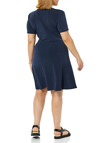 Image of Amazon Essentials Women's Short Sleeve V-Neck Gathered Flattering Fit and Flare Dress