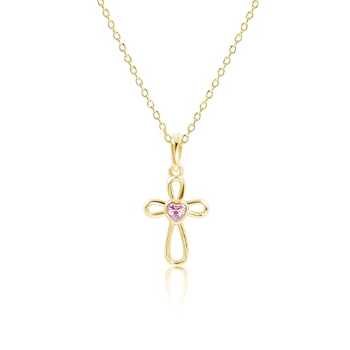 Cherished Moments Children's Sterling Silver and 14K Gold Plated Cross Necklace with CZ Heart for Baptism, First Communion and Confirmation Gift for Girls