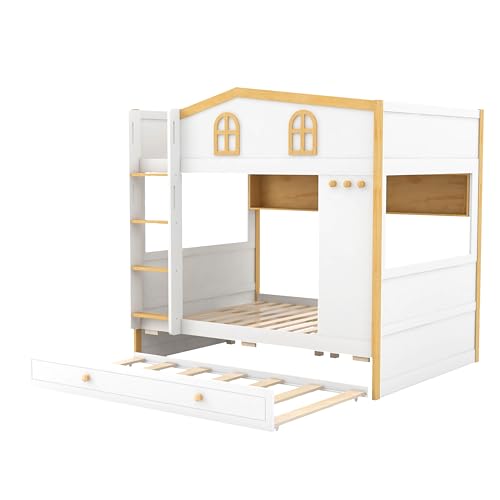 Image of Merax Full Over Full Size House Bunk Bed with Storage Shelves & Pull-Out Trundle, Solid Wood Space-Saving Loft Bed Frame with Safety Guardrails for Bedroom, White+Natural
