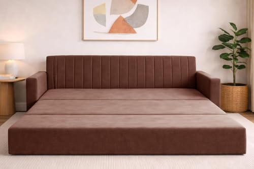 Image of Deco Studio Three Seater Sofa Cum Bed for Living Room | Convertible Sofa Bed | Vertical Channel Backrest | Space Saving Sofa Sleeper for Home, Guest Room & Office-Brown