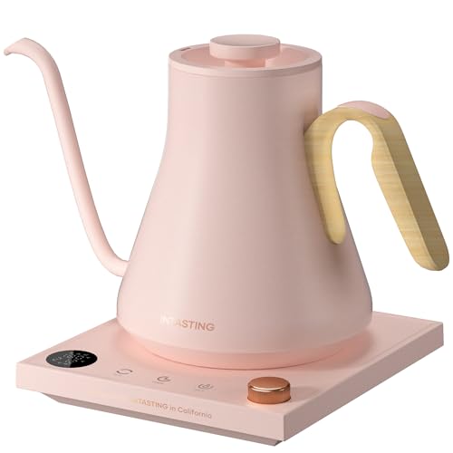 INTASTING - Hervidor eléctrico, cuello de cisne, control preciso de temperatura ± 1 ℉, interior de acero inoxidable, calentamiento rápido para verter sobre café, té y agua hirviendo, 0.9 L (Rosa)