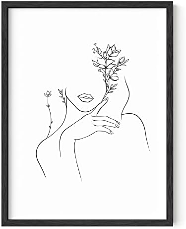 HAUS AND HUES Black and White Prints Line Art Line Art Wall Decor Minimalist Wall Art for Women, Line Drawings Minimalist Silhouette Wall Art Female UNFRAMED 12” x 16” (Woman with Flower)