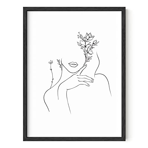 Haus And Hues Black And White Prints Line Art Line Art Wall Decor Minimalist Wall Art For Women, Line Drawings Minimalist Silhouette Wall Art Female Unframed 12” X 16” (Woman With Flower) #TOP2