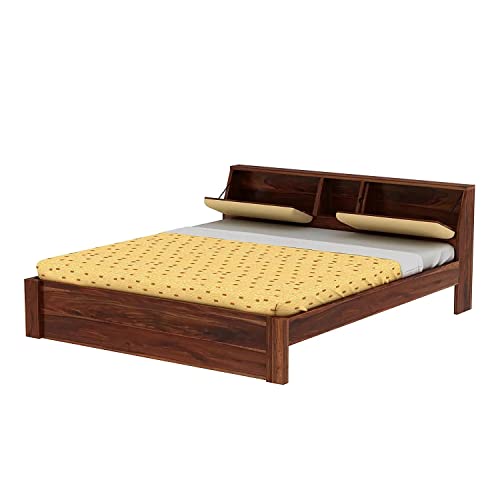 Image of Solid Sheesham Wood Queen Size Bed with Headboard Storage Wooden Double Bed Cot Palang for Bedroom Living Room Home Hotel - Honey Finish | 1 Year Warranty