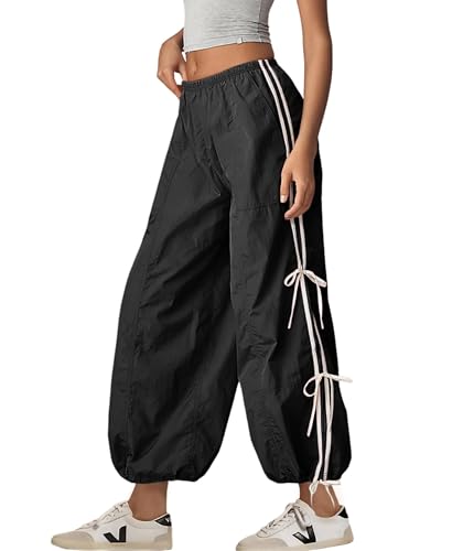 OPCAKM Women's Baggy Pants Elastic Waist Striped Track Sweatpants Parachute Pants(Black-S)