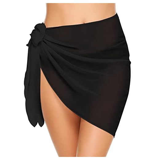 Ekouaer Womens Beach Short Sarong Sheer Chiffon Cover up Soild Color Swimwear Wrap,Black,Medium