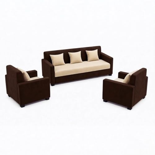 Image of FURNY Lexon 3 Seater + 1 Seater + 1 Seater Fabric Sofa Set (Dark Brown-Cream) with Velvet Finish | Durable Comfort | Ideal for Living Room