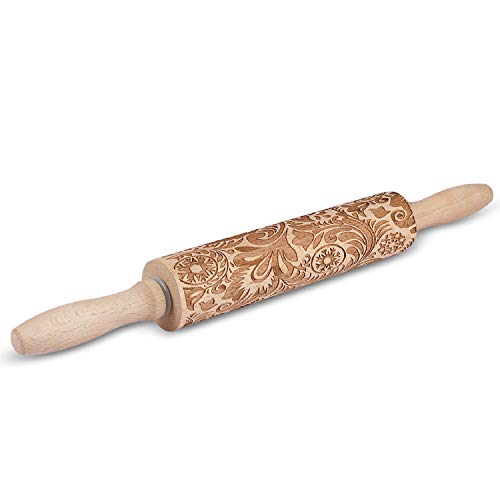 Flexzion Embossed Rolling Pins With Patterns for Baking, 7.7-inch Engraved Wooden Rolling Pin with Snowflake Flower Pattern Rolling Pin for Baking Pastry Pizza Dough Fondant Cookie Pie Crust Pasta